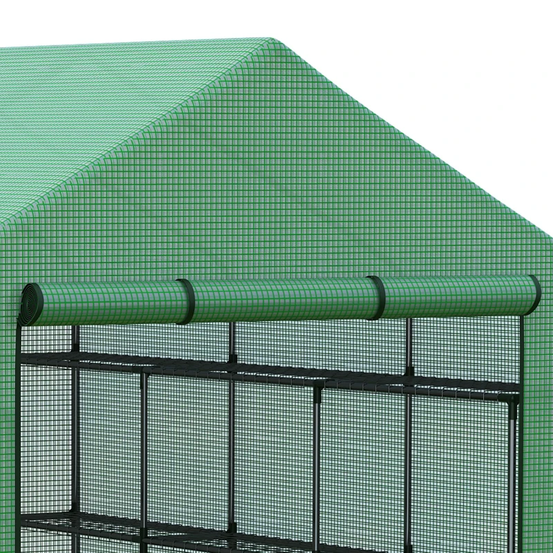 Outsunny Foliengewächshaus begehbares Gewächshaus mit 8 Regalebenen Tomatengewächshaus Treibhaus Frühbeet mit Tür Grün Stahl PE-Kunststoff 244 x 180 x 210 cm