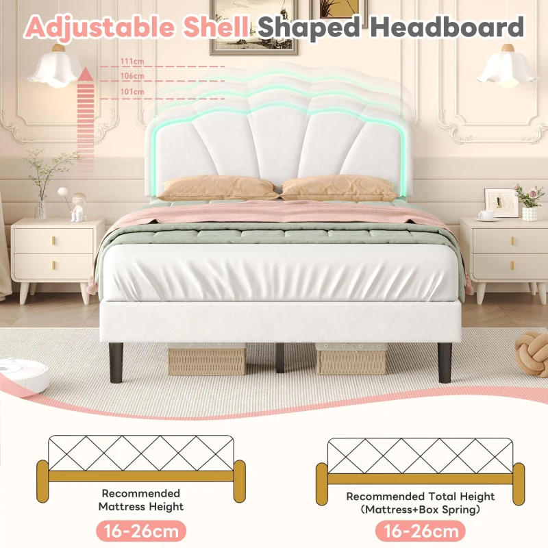 4ft6 Double Upholstered Bed with LED Adjustable Shell Headboard, Velvet Frame and Solid Wood Slat, 194L x 139W x 111H cm, Cream White