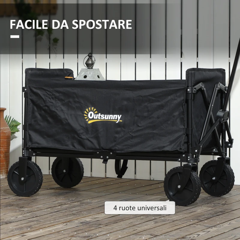 Outsunny Carrello da Giardino da 120L Pieghevole con Pannello Apribile, in Acciaio e Poliestere, 90x48x62 cm, Nero