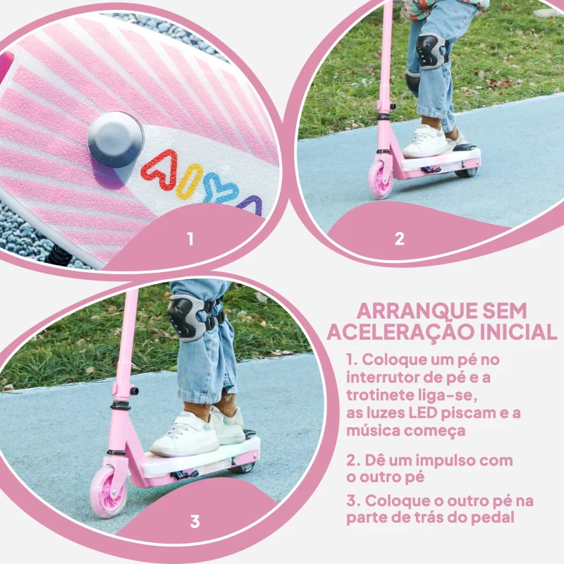 AIYAPLAY Trotinete Elétrica para Crianças Máx. 6 km/h Motor 80 W Autonomia Máxima 8 km com Luzes LED Travão Traseiro Rosa