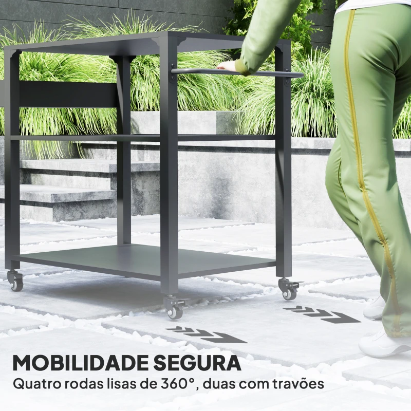 Outsunny Carrinho de Apoio para Barbecue de 3 Níveis com 4 Rodas Prateleiras Mesa de Apoio para Forno de Pizza 105x50x79 cm Preto