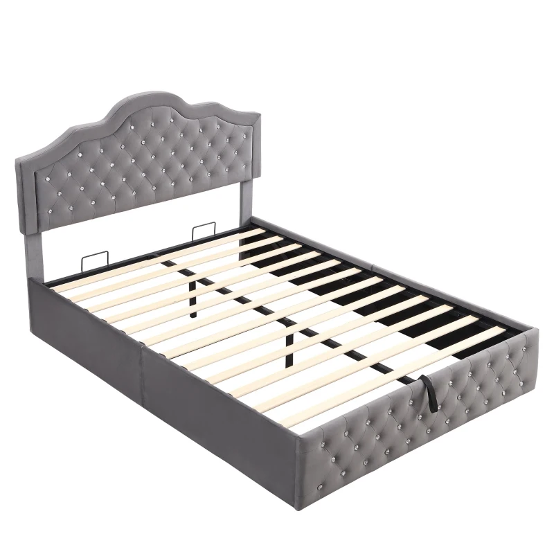 Upholstered Double Bed with Hydraulic Lift Storage, Diamond-Textured Velvet and Iron Frame, 198.5L x 146W x 116H cm, Gray