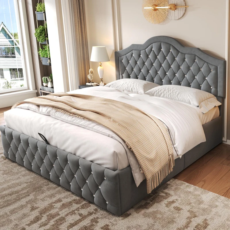 Upholstered Double Bed with Hydraulic Lift Storage, Diamond-Textured Velvet and Iron Frame, 198.5L x 146W x 116H cm, Gray