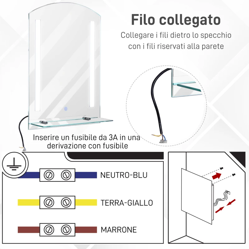 kleankin Specchio Bagno con Luce LED e Interruttore Touch, Mensola in Vetro e Struttura Alluminio, IP44, 50x70 cm Argento