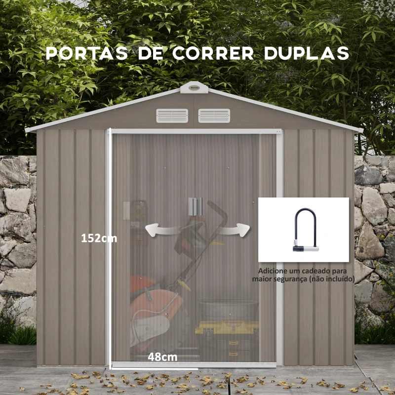Outsunny Abrigo de Jardim 213x130x185 cm Abrigo de Jardim Metálico de Exterior com 2 Portas Deslizantes e 4 Janelas Madeira