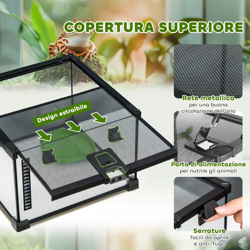 PawHut Terrario per Rettili Rialzato con Serratura e Termometro, in Vetro e Rete Metallica, 30x30x20 cm, Nero