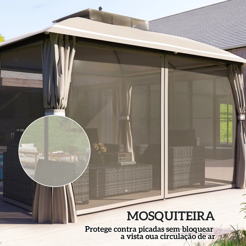 Outsunny Pérgola de Jardim 3,7x3 m com Telhado Duplo Cortinas Laterais e Mosquiteiras Resistente à Água e Anti-UV Bege