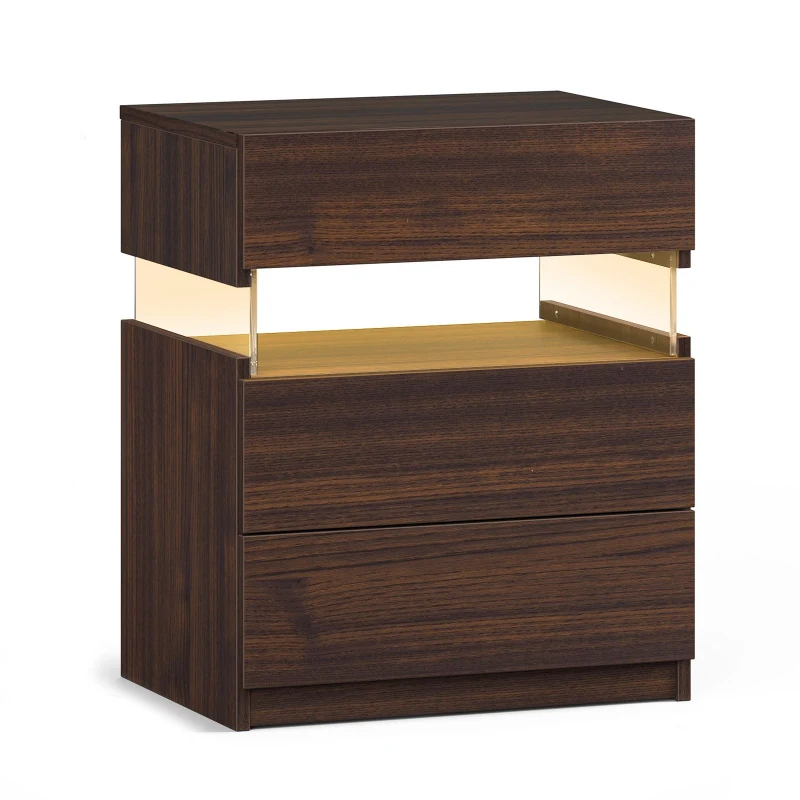 LED Nightstand with Acrylic Board and 3 Drawers, Modern Bedside Table with RGB LED Light, 50L x 37.5W x 60H cm, Walnut