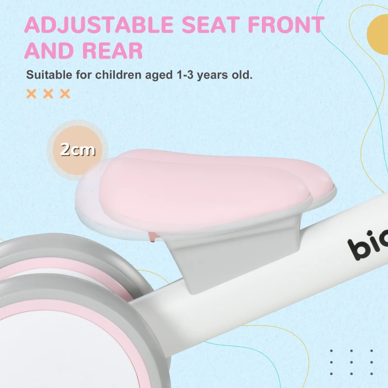 AIYAPLAY Kids Balance Bike for 1-3 Years Old with Adjustable Seat, Silent Wheels, Pink