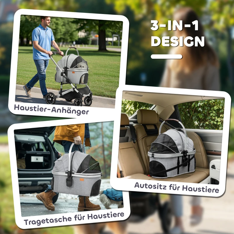 PawHut 3-in-1 Opvouwbare Hondenbuggy voor Honden & Katten tot 10 kg met Kussen en Bekerhouder - Lichtgrijs(m-5)