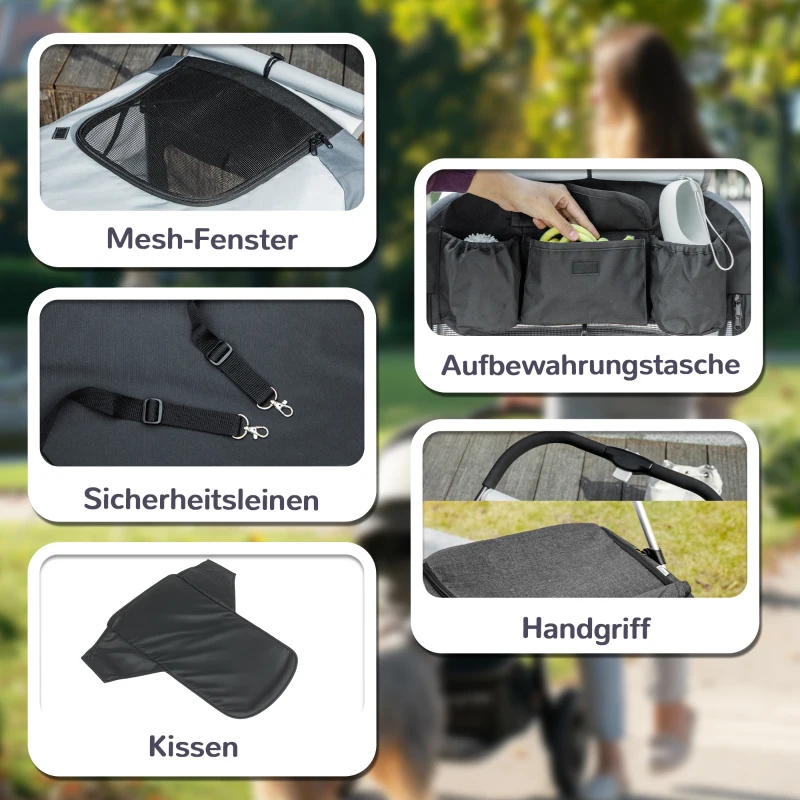 PawHut Hondenwagen, Opvouwbare Hondenbuggy voor Grote Honden, Huisdierenwagen met 4 Wielen, Veiligheidslijnen, Remmen, Grijs(m-7)