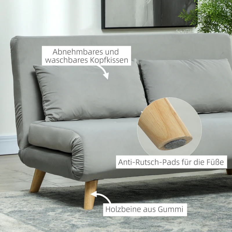 HOMCOM Schlafsofa Relaxsofa Sofa Couch, inkl. 2 Kissen, Samtoptik, 130 x 78 x 79 cm, Hellgrau(m-7)