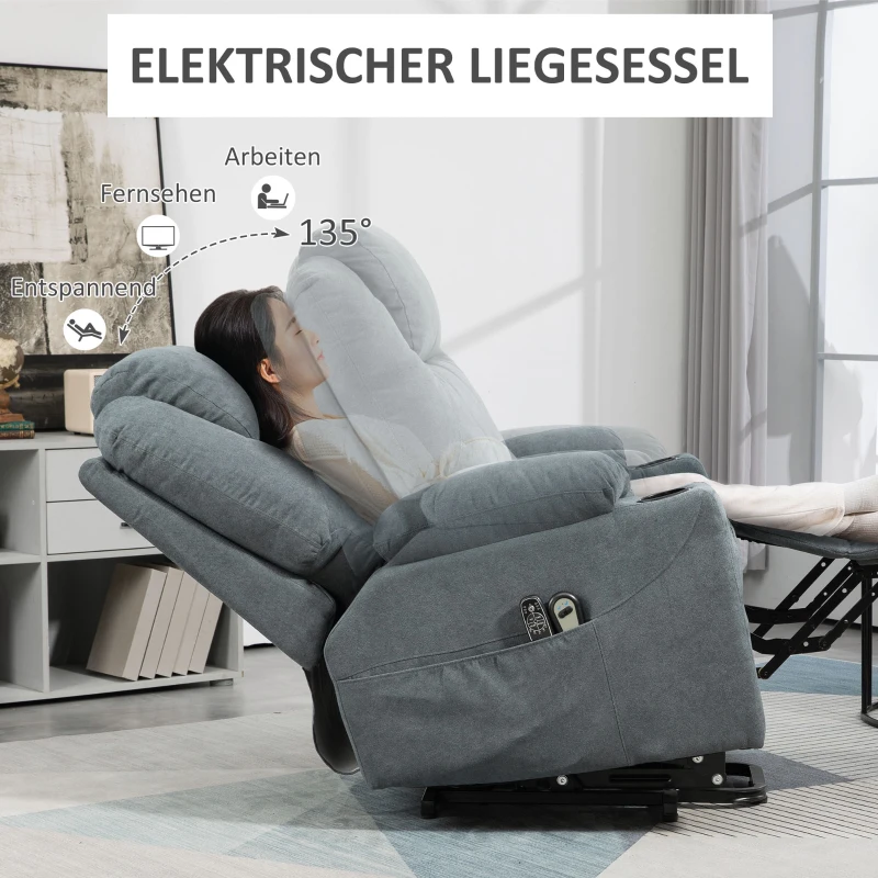 HOMCOM Massagesessel Aufstehhilfe Seniorensessel, 8 Massagepunkte, Seitentaschen, Fernbedienung, 90L x 101B x 107 cm, Grau(m-5)