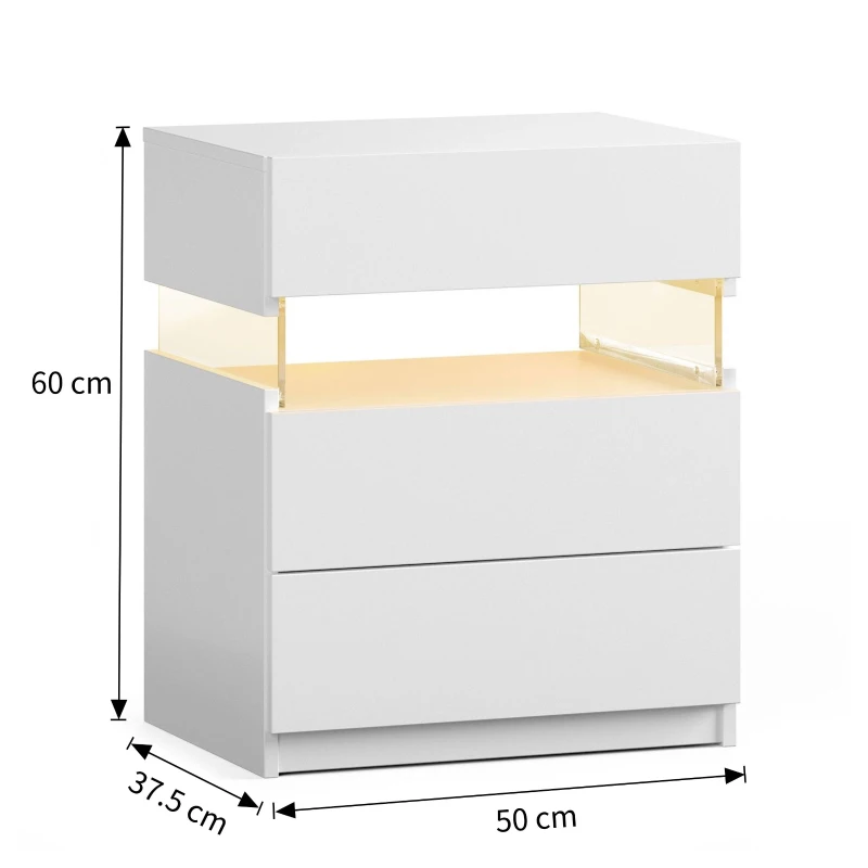 LED Bedside Table with Remote-Controlled RGB Lighting, 3 Drawers, Modern Nightstand with Acrylic Board, 50L x 37.5W x 60H cm, White