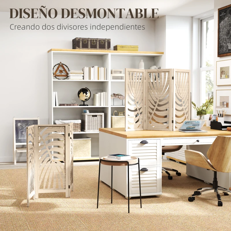 HOMCOM Biombo Divisor de Ambientes de 3 Paneles Plegable y Desmontable con Estampado de Hojas de Palma Tropical 120x1,7x170 cm
