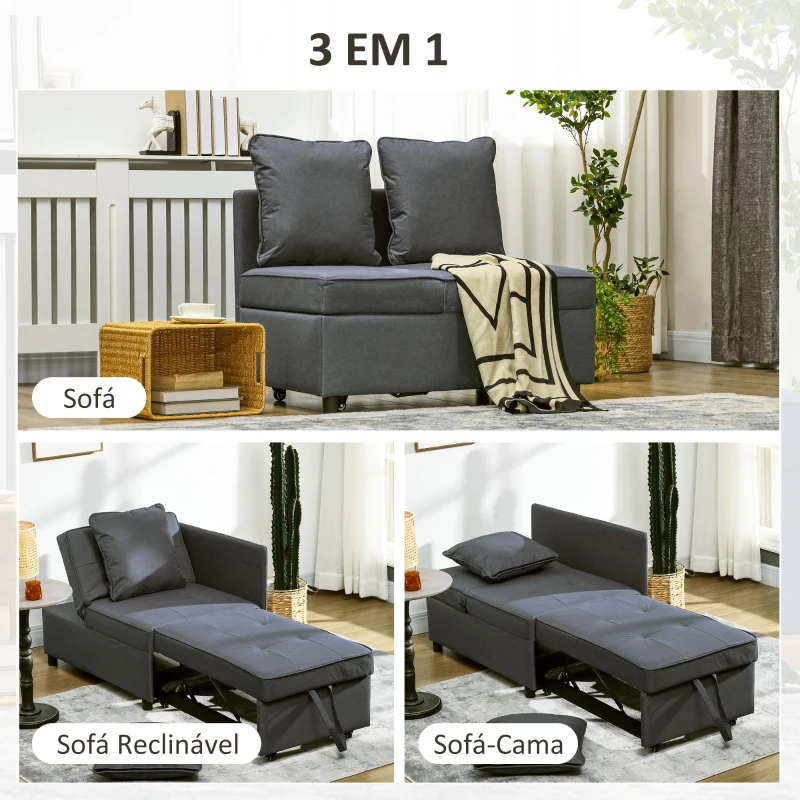 HOMCOM Sofá Cama 3 em 1 Sofá de 2 Lugares com Encosto Ajustável Sofá Cama Individual com Almofadas 65x98x69 cm Cinzento
