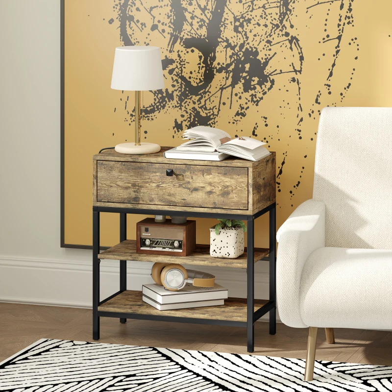 HOMCOM Tavolino da Divano con Cassetto e 2 Ripiani Stile Industriale, in Legno e Metallo, 60x30x66.5 cm, Nero e Marrone