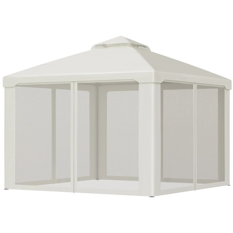 Outsunny Pavillon mit Doppeldach, ca. 3x3 m Wasserdicht Stabil Winterfest Gartenpavillon mit Moskitonetz, Seitenteile, Garten-Pavillon aus Metall, für Garten, Terrasse, Cremeweiß