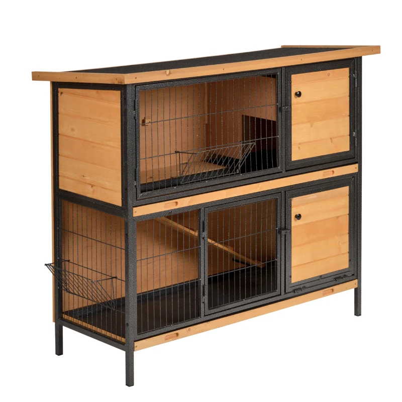 PawHut Gaiola para Coelhos de Madeira de 2 Níveis com Teto Asfáltico Rebatível e Rampa para Exterior 122x50x101 cm Madeira e Preto