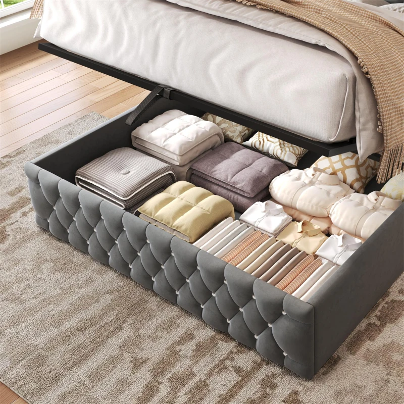 Upholstered Double Bed with Hydraulic Lift Storage, Diamond-Textured Velvet and Iron Frame, 198.5L x 146W x 116H cm, Gray