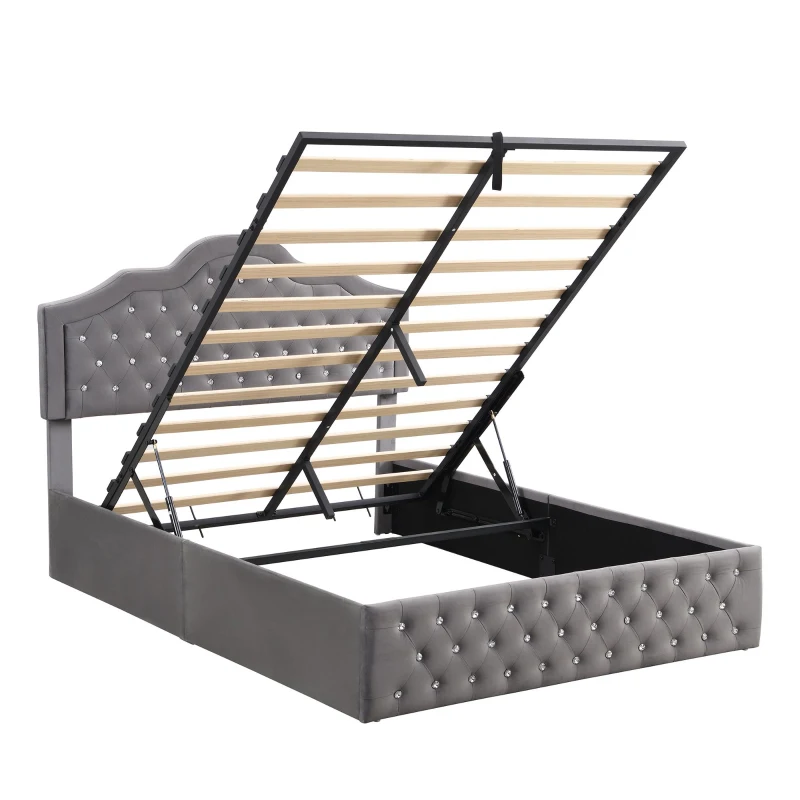 Upholstered Double Bed with Hydraulic Lift Storage, Diamond-Textured Velvet and Iron Frame, 198.5L x 146W x 116H cm, Gray