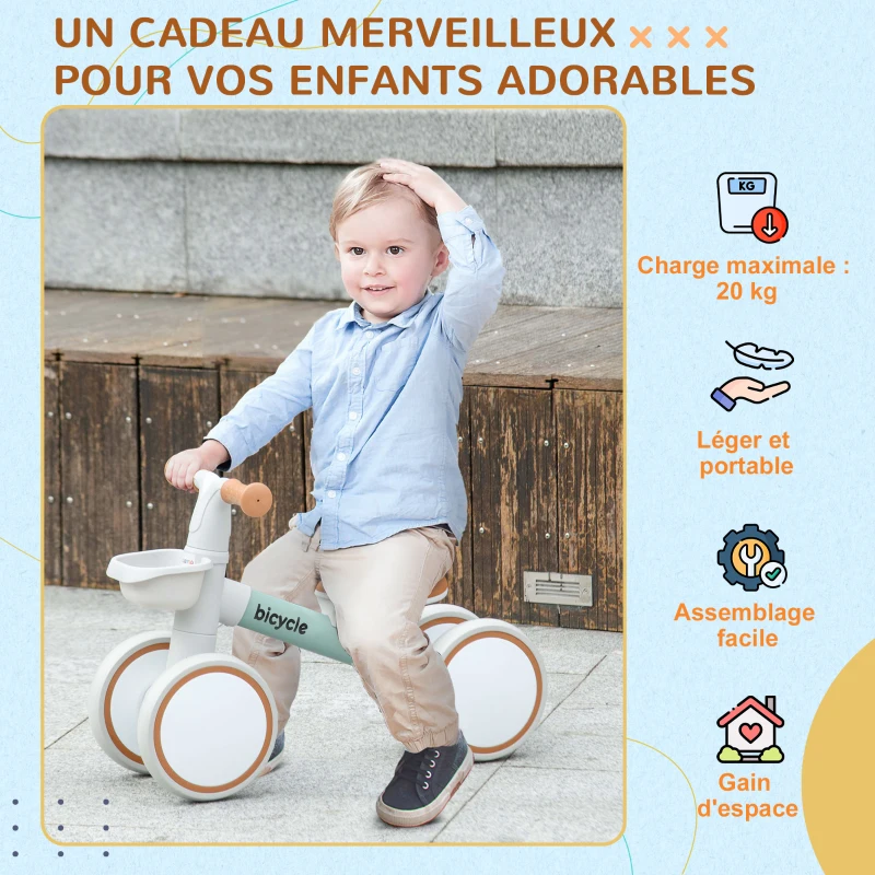 AIYAPLAY Draisienne vélo Enfant 4 roues selle réglable, guidon ergonomique alliage alu. PP, enfant 1 à 3 ans - Gris Marron vert