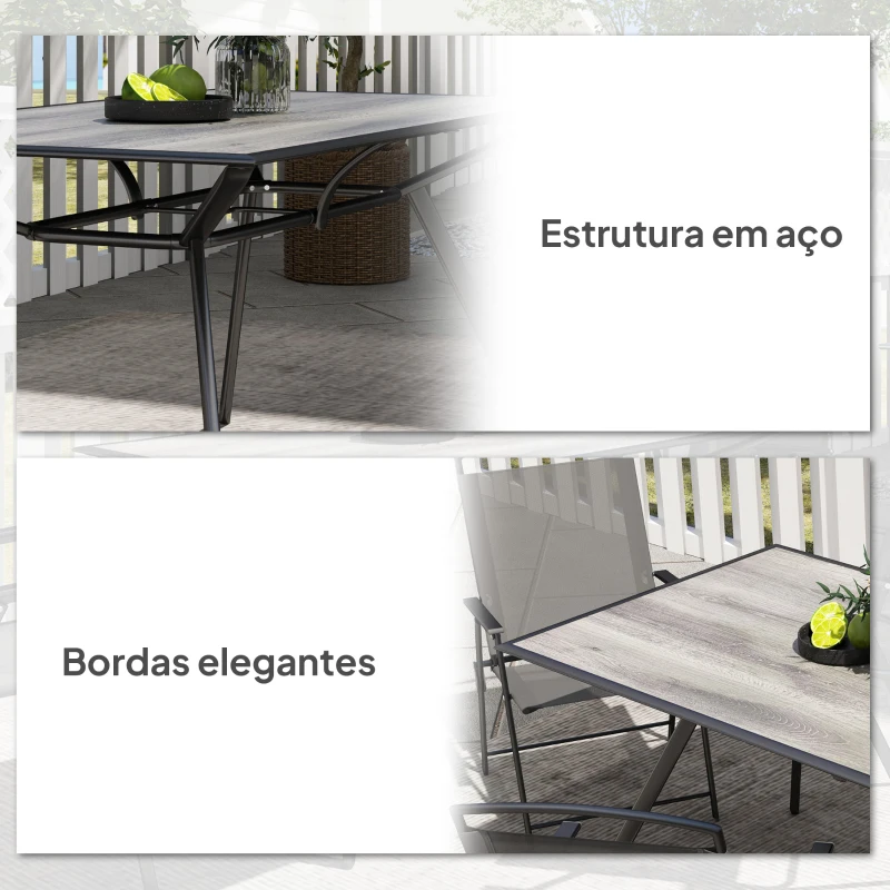 Outsunny Mesa de Refeição Exterior com Bancada Imitação Madeira e Estrutura de Aço Mesa Retangular para 6 Pessoas 160x90x73 cm Cinza