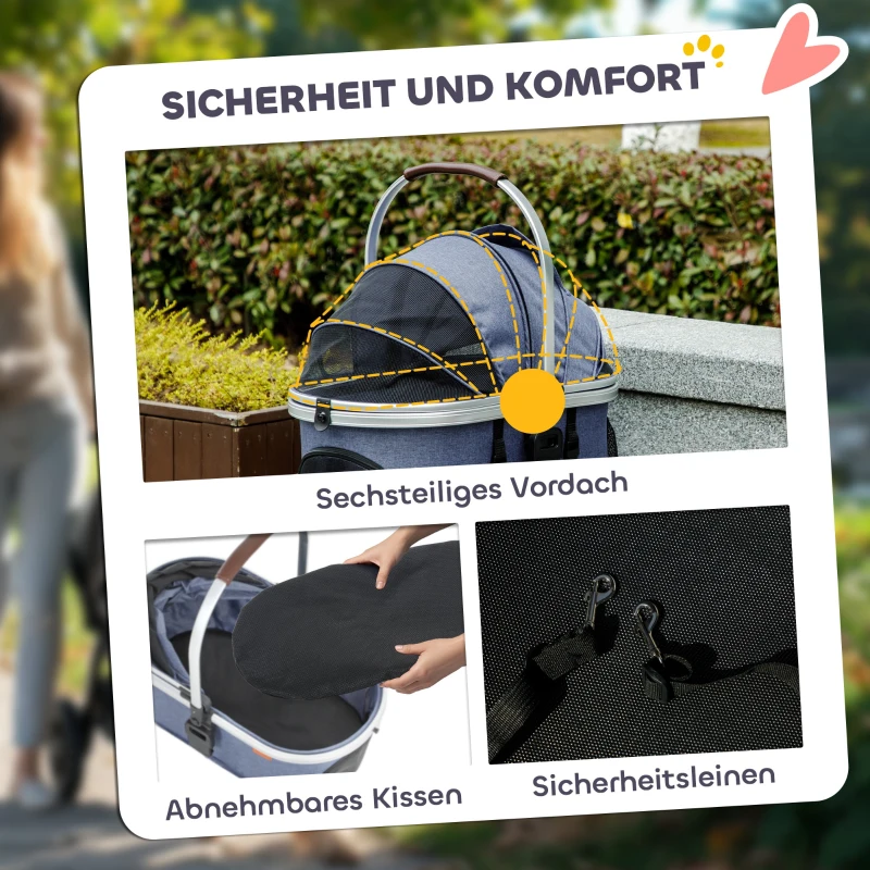 PawHut Hundewagen 3 in 1 Hundebuggy klappbar für Katzen bis 10 kg Katzenbuggy mit Kissen Becherhalter Dunkelblau(m-6)