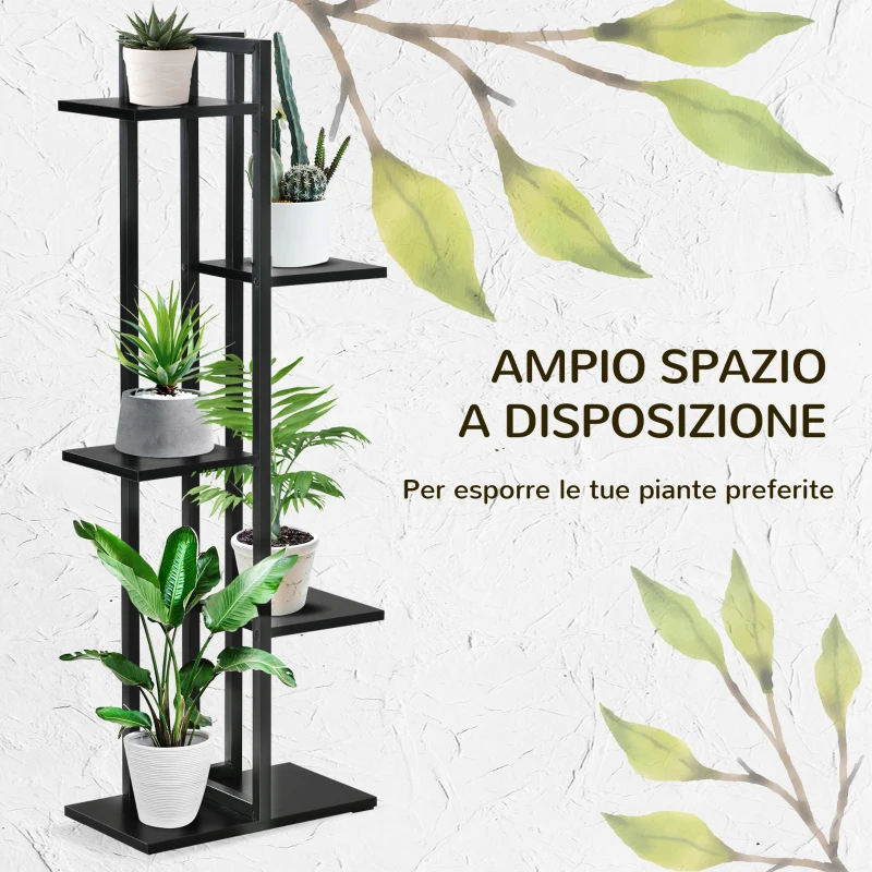Outsunny Scaletta Portavasi a 5 Livelli per Interni ed Esterni in MDF e Acciaio, 40x22x113 cm, Nero