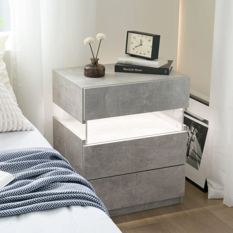 LED Nightstand with Acrylic Board and 3 Drawers, Modern Bedside Table with RGB LED Light, 50L x 37.5W x 60H cm, Gray