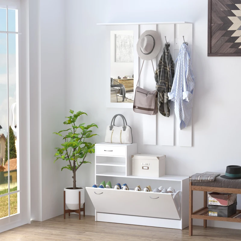 HOMCOM Ensembles 3 en 1 de meuble d'entrée vestiaire avec panneau porte-manteau, miroir et banc à chaussures - 6 crochets et étagère réglable, blanc