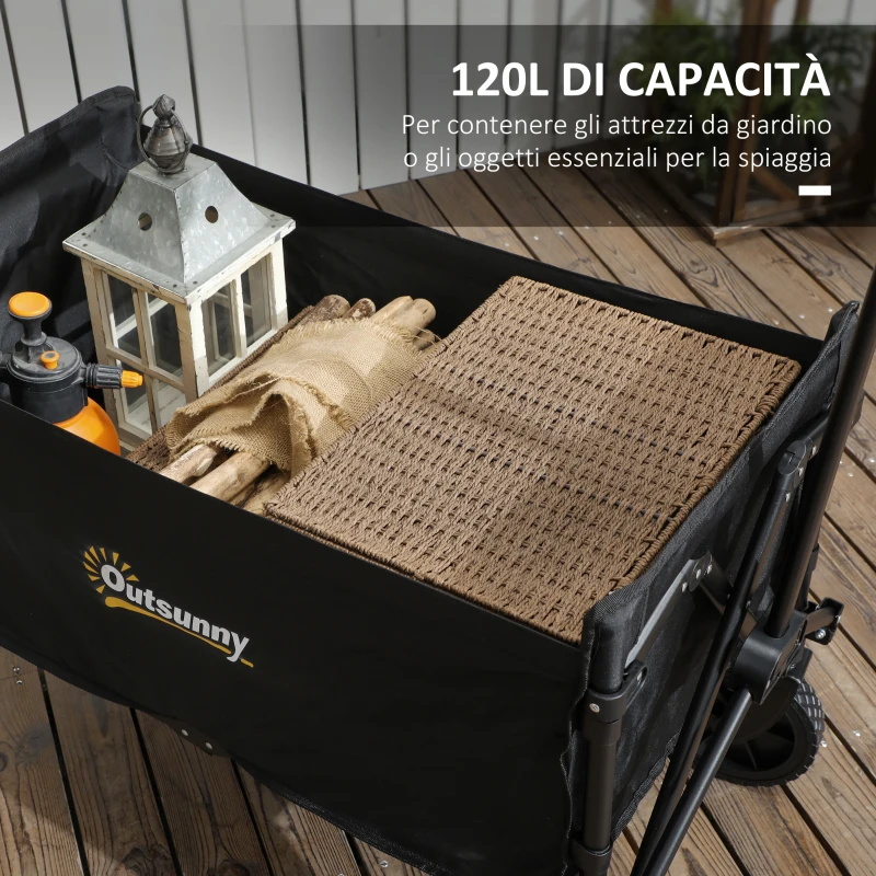 Outsunny Carrello da Giardino da 120L Pieghevole con Pannello Apribile, in Acciaio e Poliestere, 90x48x62 cm, Nero