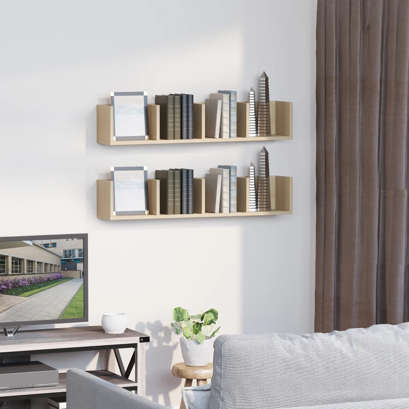 HOMCOM Wall Mount 84 CD / 56 DVD/Blu-ray/ Media Storage Rack 4 Cubes, Wooden Shelf Organiser Unit Bookcase Display, Set of 2, Natural Wood Finish