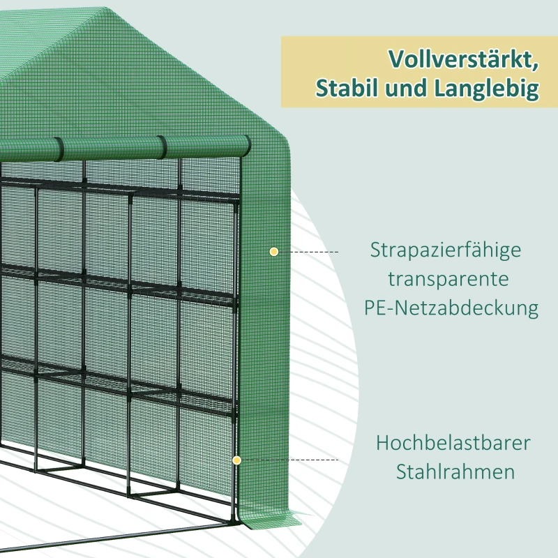Outsunny Foliengewächshaus begehbares Gewächshaus mit 8 Regalebenen Tomatengewächshaus Treibhaus Frühbeet mit Tür Grün Stahl PE-Kunststoff 244 x 180 x 210 cm