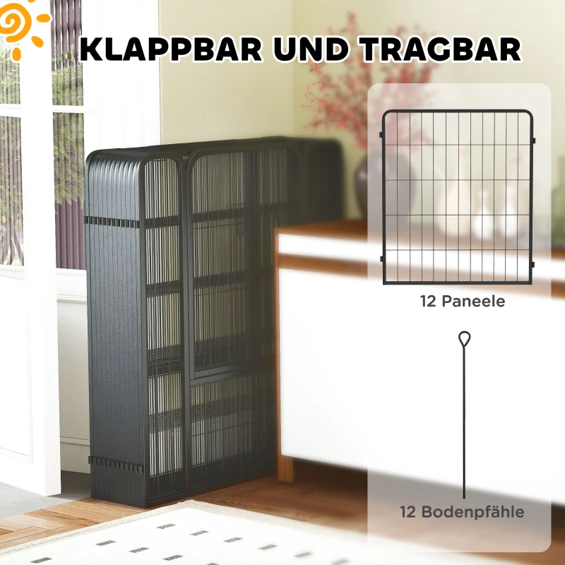 PawHut Vierkantige Puppyren met 12 Roosters, Deur, Aardpennen, Flexibel en Opvouwbaar - 100cm Hoog(m-6)