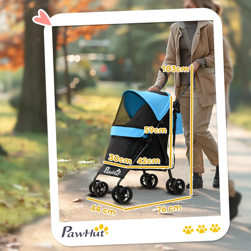 PawHut Cochecito para Perros Pequeños con Estructura de Paraguas con Cojín Lavable Portavaso Ventanas de Malla y Bolsa Azul