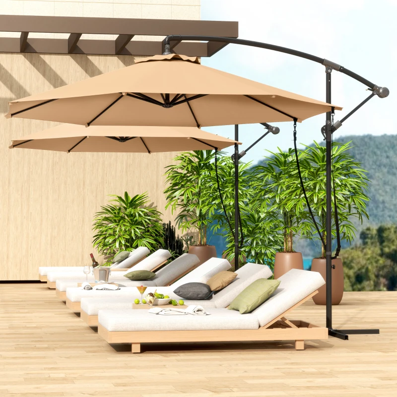 Outsunny Chapéu de Sol Excêntrico Ø 290 cm Chapéu de Sol de Jardim com Base Cruzada Capa de Proteção e Corda de Vento Cáqui