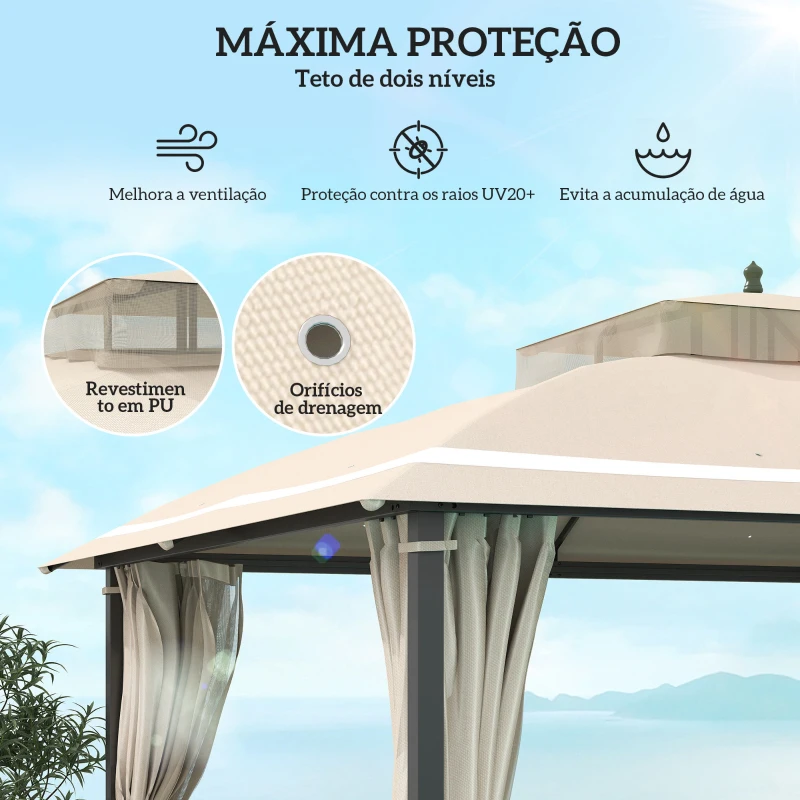 Outsunny Pérgola de Jardim 3,7x3 m com Telhado Duplo Cortinas Laterais e Mosquiteiras Resistente à Água e Anti-UV Bege