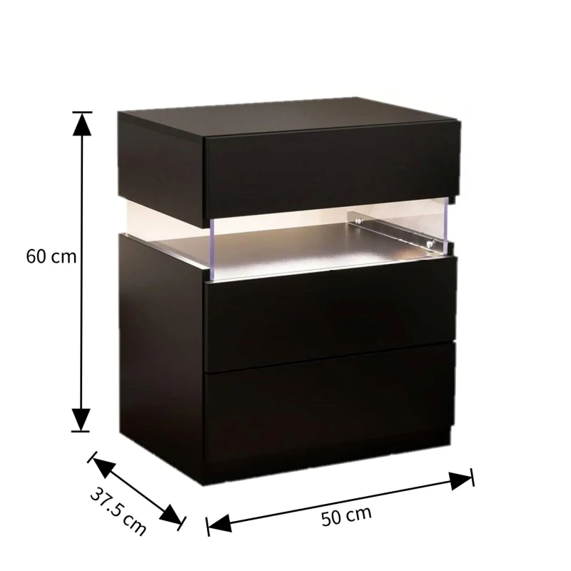 LED Nightstand with 3 Drawers, Acrylic Board and Multi-Colour RGB LED Light, 50L x 37.5W x 60H cm, Black