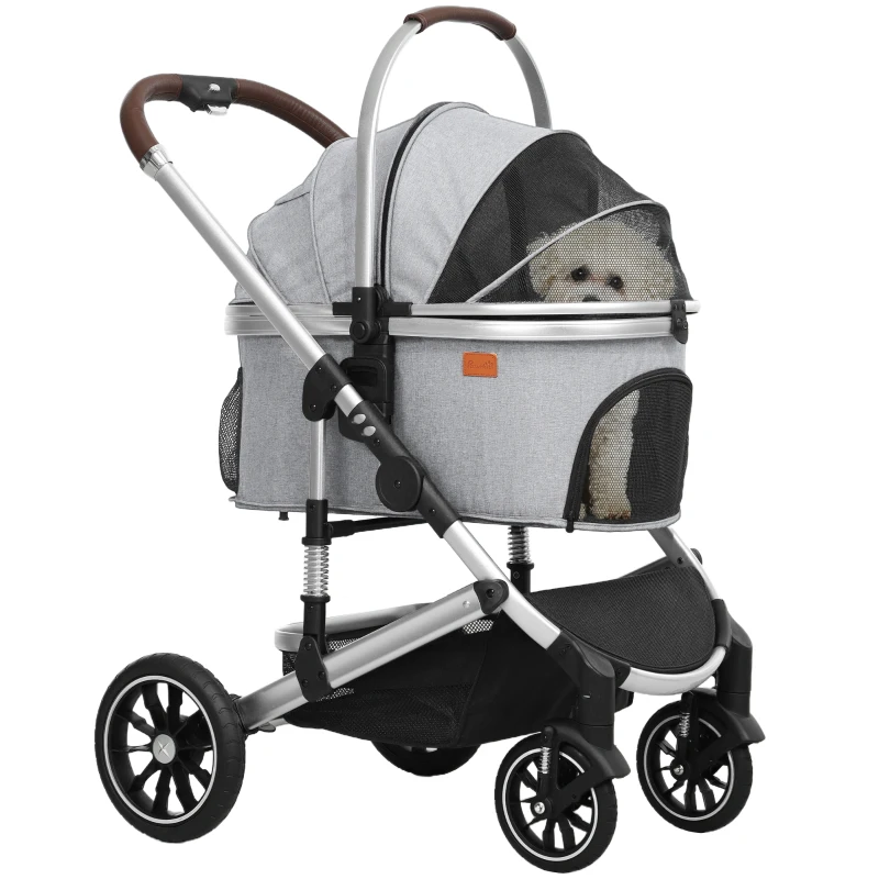 PawHut 3-in-1 Opvouwbare Hondenbuggy voor Honden & Katten tot 10 kg met Kussen en Bekerhouder - Lichtgrijs(m-10)