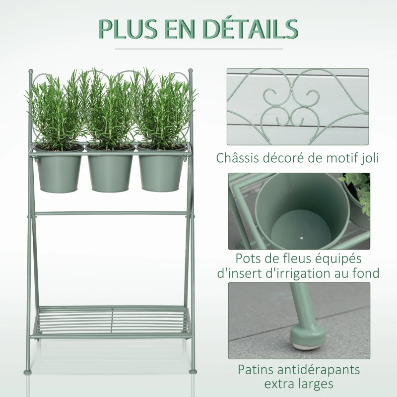 Outsunny Étagère à Fleurs 2 Niveaux Style Rural Chic - Pliable - 3 Pots de Fleurs Inclus, étagère - métal époxy anticorrosion Vert d'eau