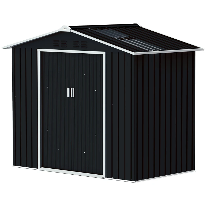 Outsunny Abrigo de Jardim 2,42 m 213x130x185 cm Abrigo de Jardim Metálico para Armazenamento com 2 Portas Deslizantes e 4 Janelas Cinza Escuro