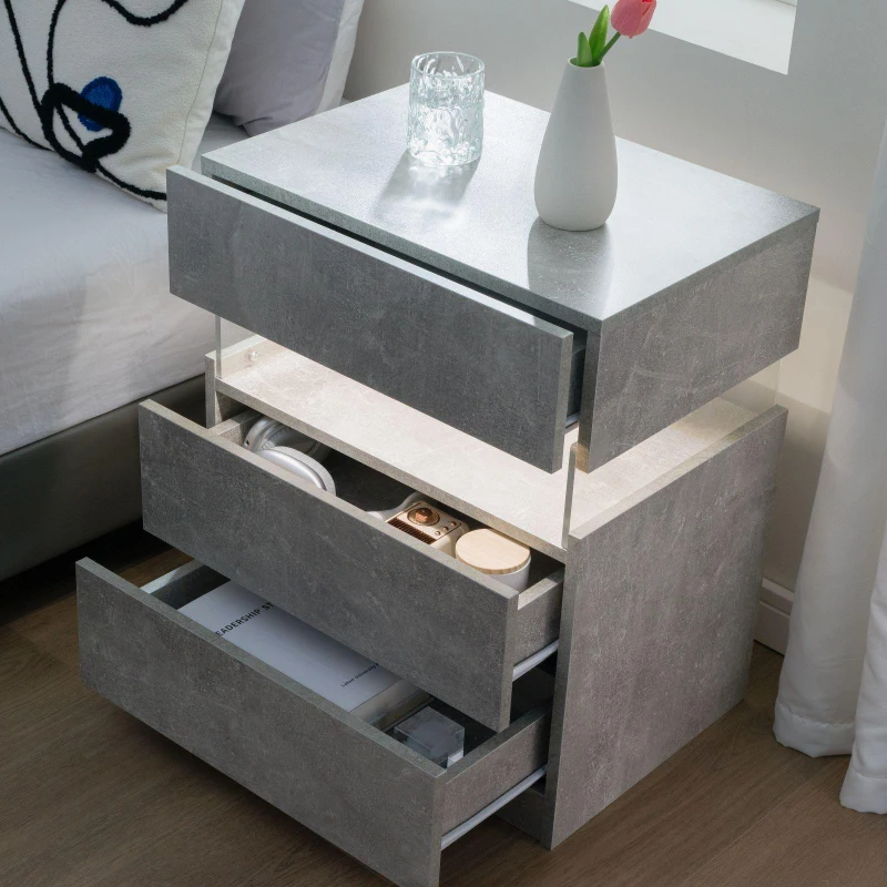 LED Nightstand with Acrylic Board and 3 Drawers, Modern Bedside Table with RGB LED Light, 50L x 37.5W x 60H cm, Gray