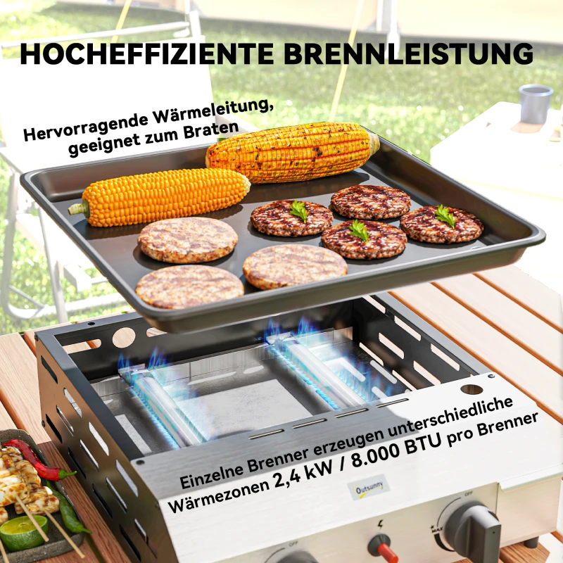 Outsunny Gasgrill 8000BTU/2,4 KW Grillwagen inkl 2 Edelstahl-Brenner Druckminderer 44 x 44,5 x 19 cm Silber+Schwarz