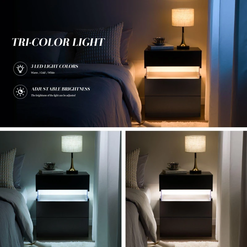 LED Nightstand with 3 Drawers, Acrylic Board and Multi-Colour RGB LED Light, 50L x 37.5W x 60H cm, Black
