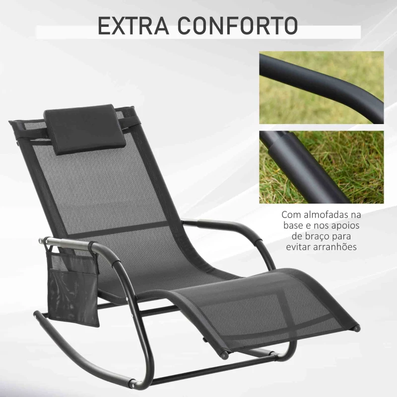Outsunny Espreguiçadeira Baloiço de Exterior com Apoio de Cabeça Acolchoado e Bolso Lateral 150x62x88 cm Preto