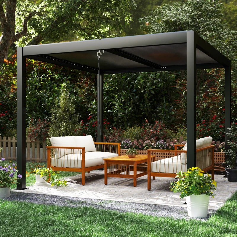 Outsunny Pérgola de Alumínio 3x3 m Pérgola de Jardim com Teto de Lâminas Ajustáveis e Sistema de Drenagem Impermeável Anti-UV Cinza Escuro