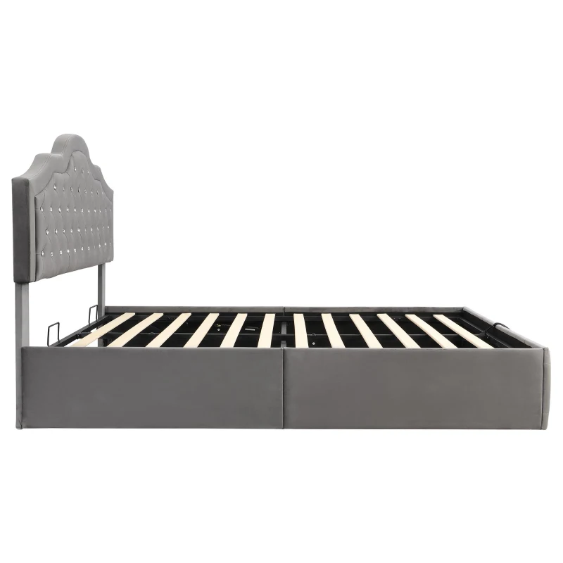 Upholstered Double Bed with Hydraulic Lift Storage, Diamond-Textured Velvet and Iron Frame, 198.5L x 146W x 116H cm, Gray
