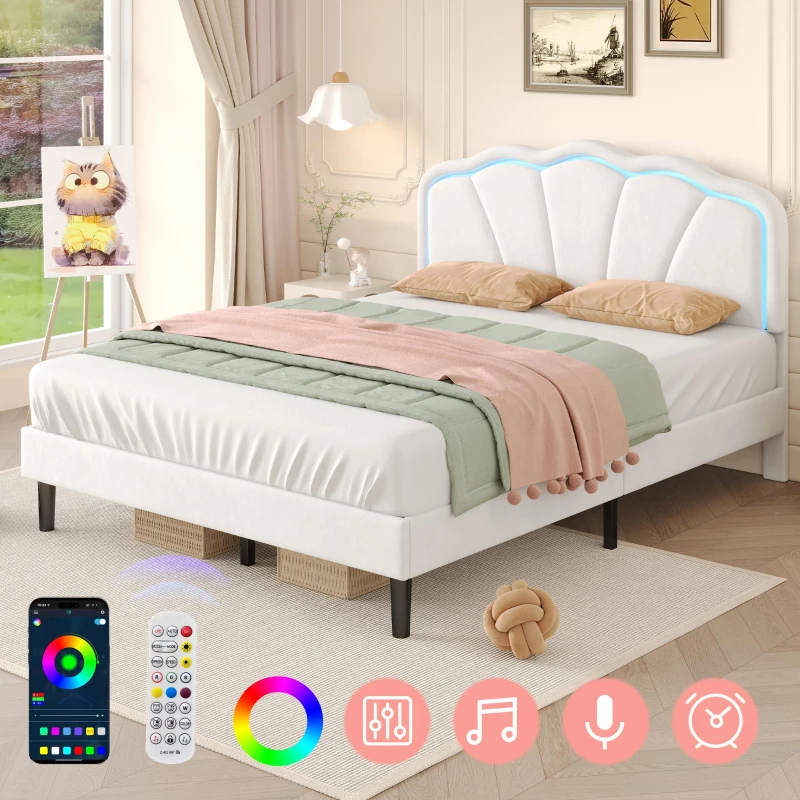 4ft6 Double Upholstered Bed with LED Adjustable Shell Headboard, Velvet Frame and Solid Wood Slat, 194L x 139W x 111H cm, Cream White