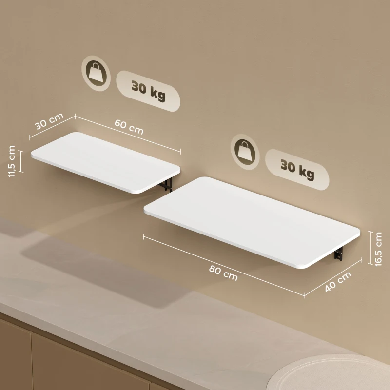 HOMCOM Conjunto de 2 Mesas Dobráveis de Parede Secretárias Flutuantes para Espaços Pequenos Mesas Rebatíveis Branco Brilhante